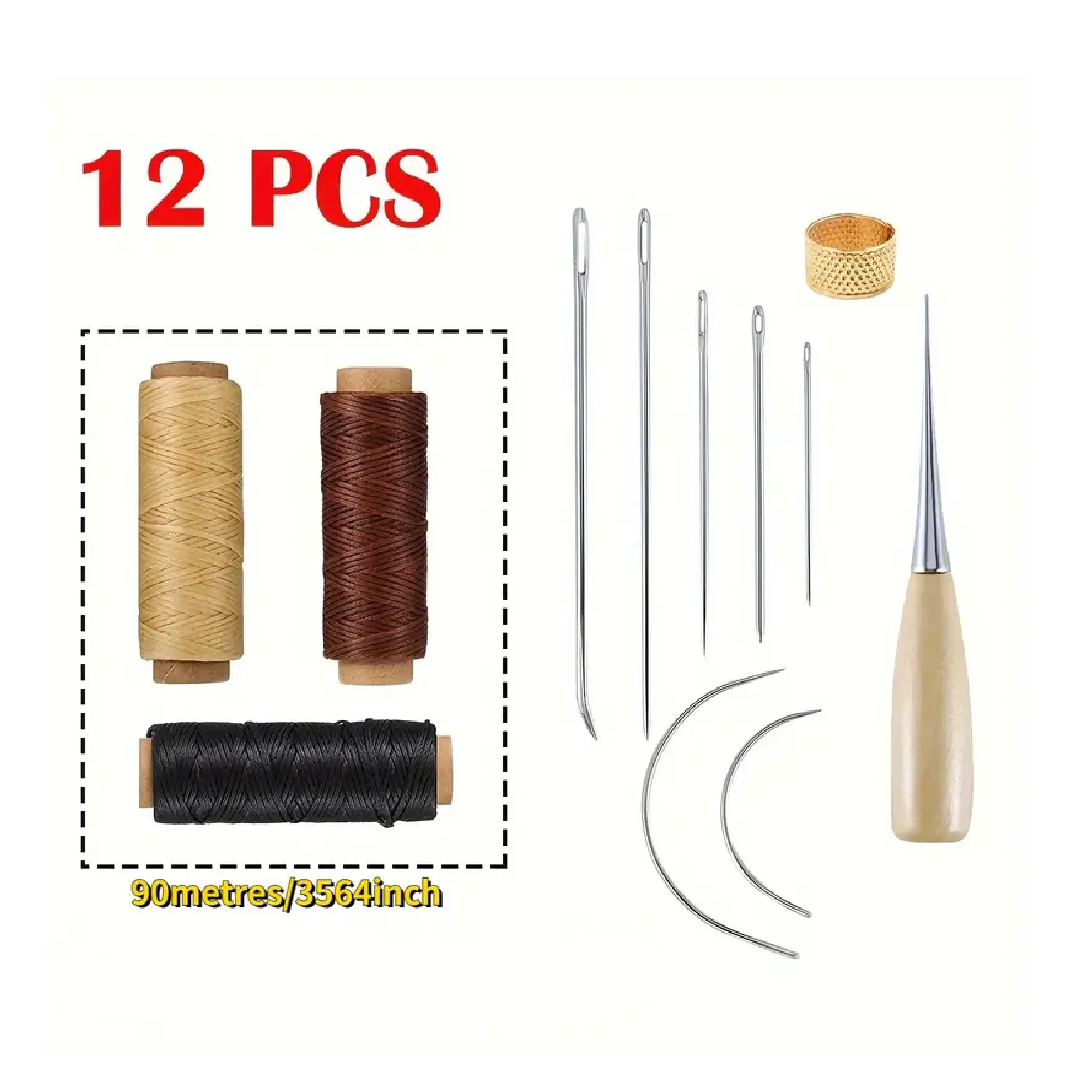 10/12pcs Leather Sewing Kit 30metres/30.18meter Waxed Thread Cord, Upholstery Sewing Kit Leather Working Kit With Large-Eye Stitching Needles, Leather Sewing Tools For Car, Sofa, Backpack, Shoe, Craft DIY