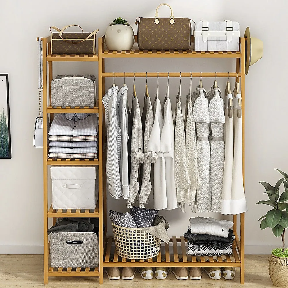 5-Tier Bamboo Clothes Rack with 7 Shelves and Hooks