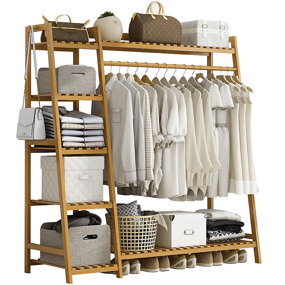 5-Tier Bamboo Clothes Rack with 7 Shelves and Hooks