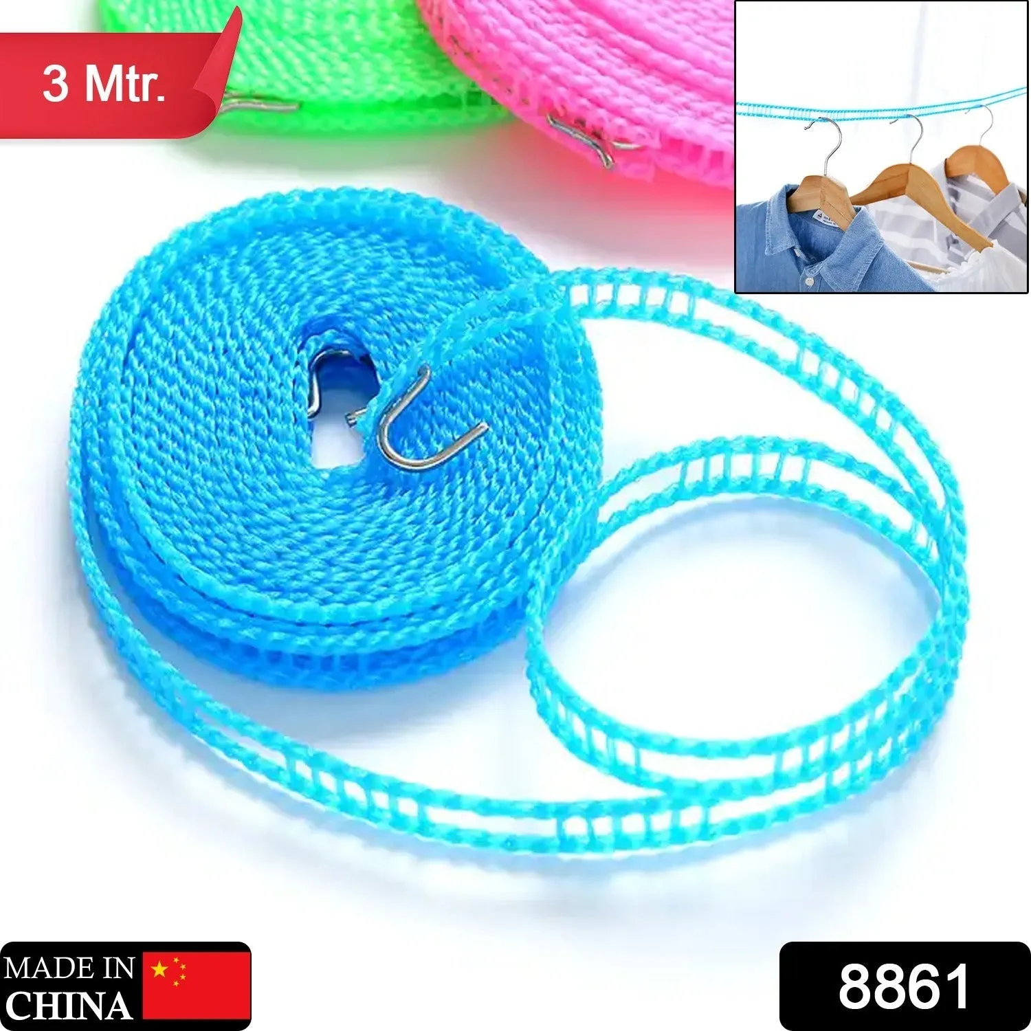 8861 3 Meters Fiber Rope Anti-Slip Clothes Washing Drying Nylon Rope Japan Style Rope with Hooks, Durable Camping Clothesline Portable Clothes Drying Line Indoor Outdoor Laundry Storage for Travel Home Use (3 Mtr.)