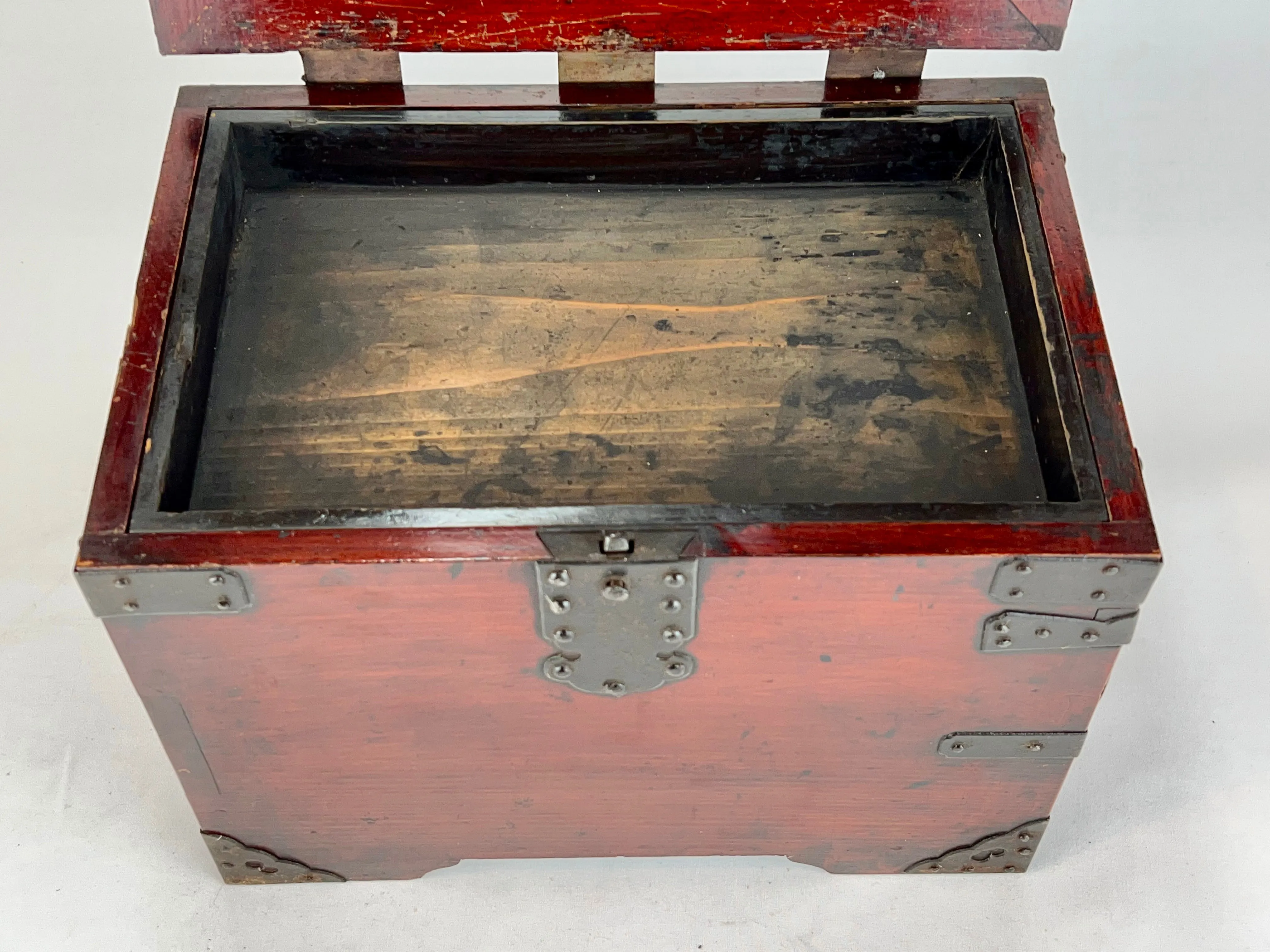 Antique Japanese Meiji Era c1880 Red Lacquer Keyaki Wood Suzuribako Calligraphy Tansu 14"