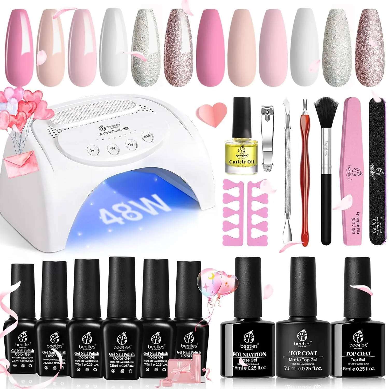 Beetles 48W LED Nail Lamp Kit: 6 Nude & Gray Gel Polishes for DIY Manicures & Nail Art Gifts