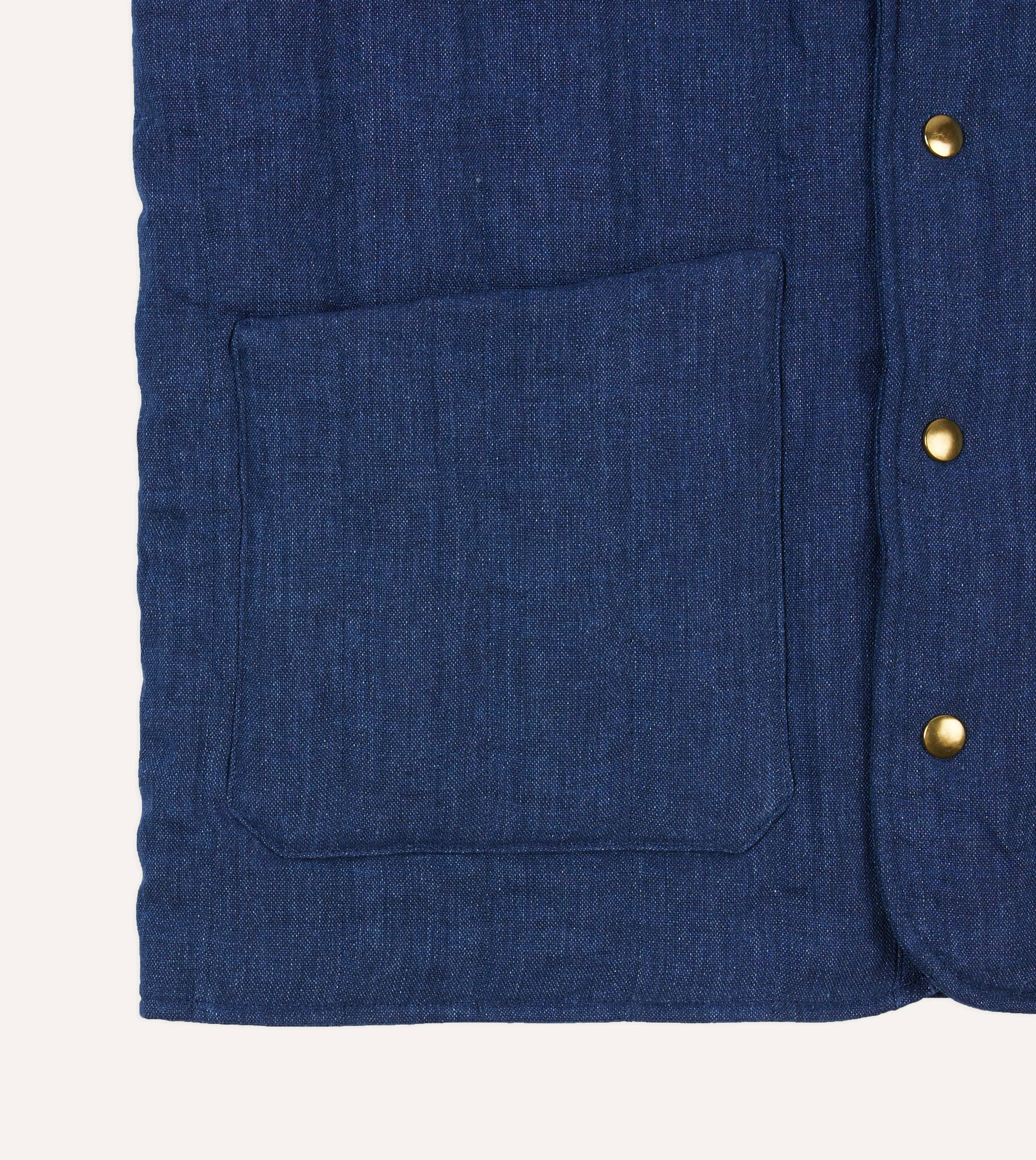 Blue Linen Quilted Snap Vest