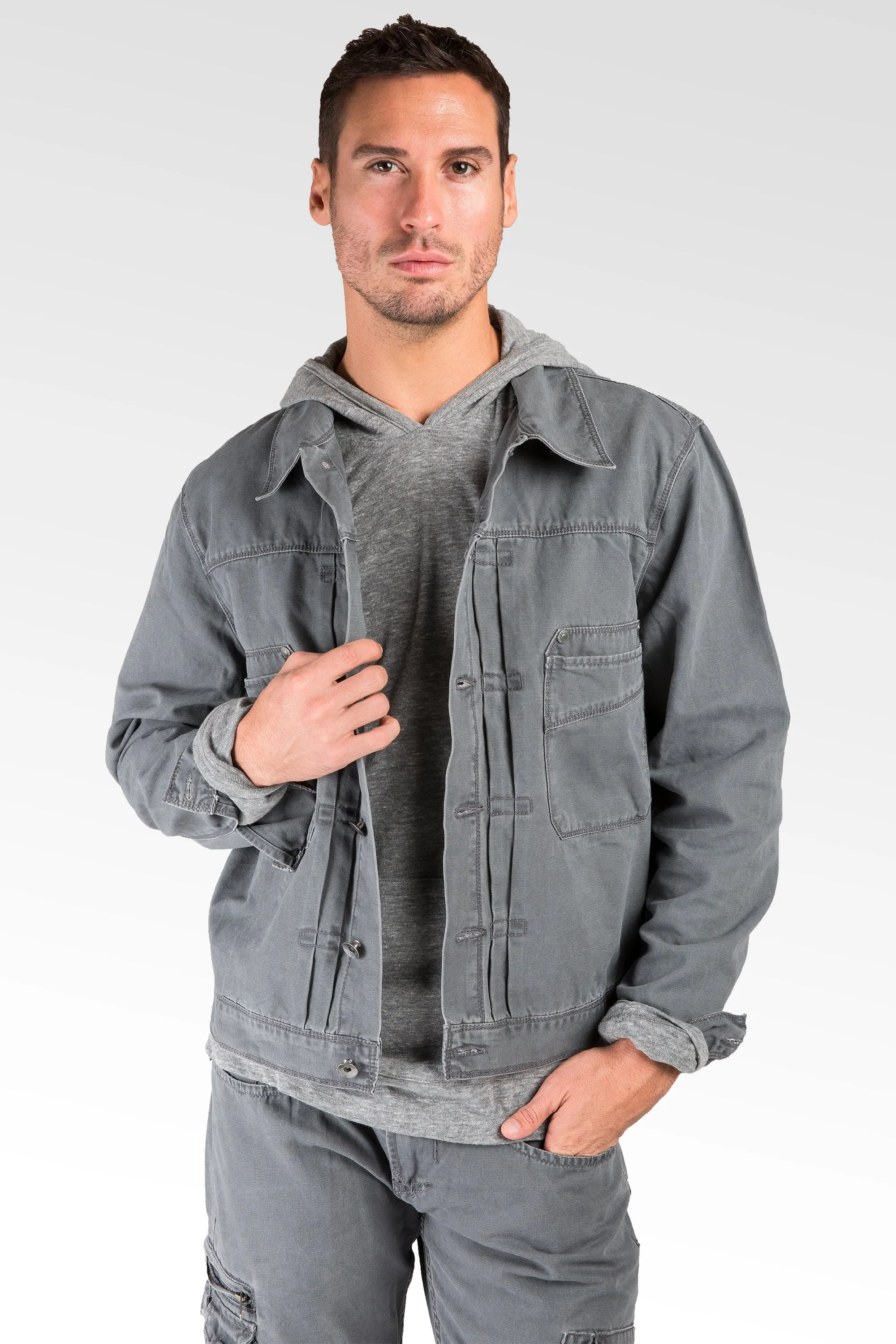 Charcoal Grey Heavy Stone Wash Canvas Trucker Jacket 100% Cotton Rugged & Stylish