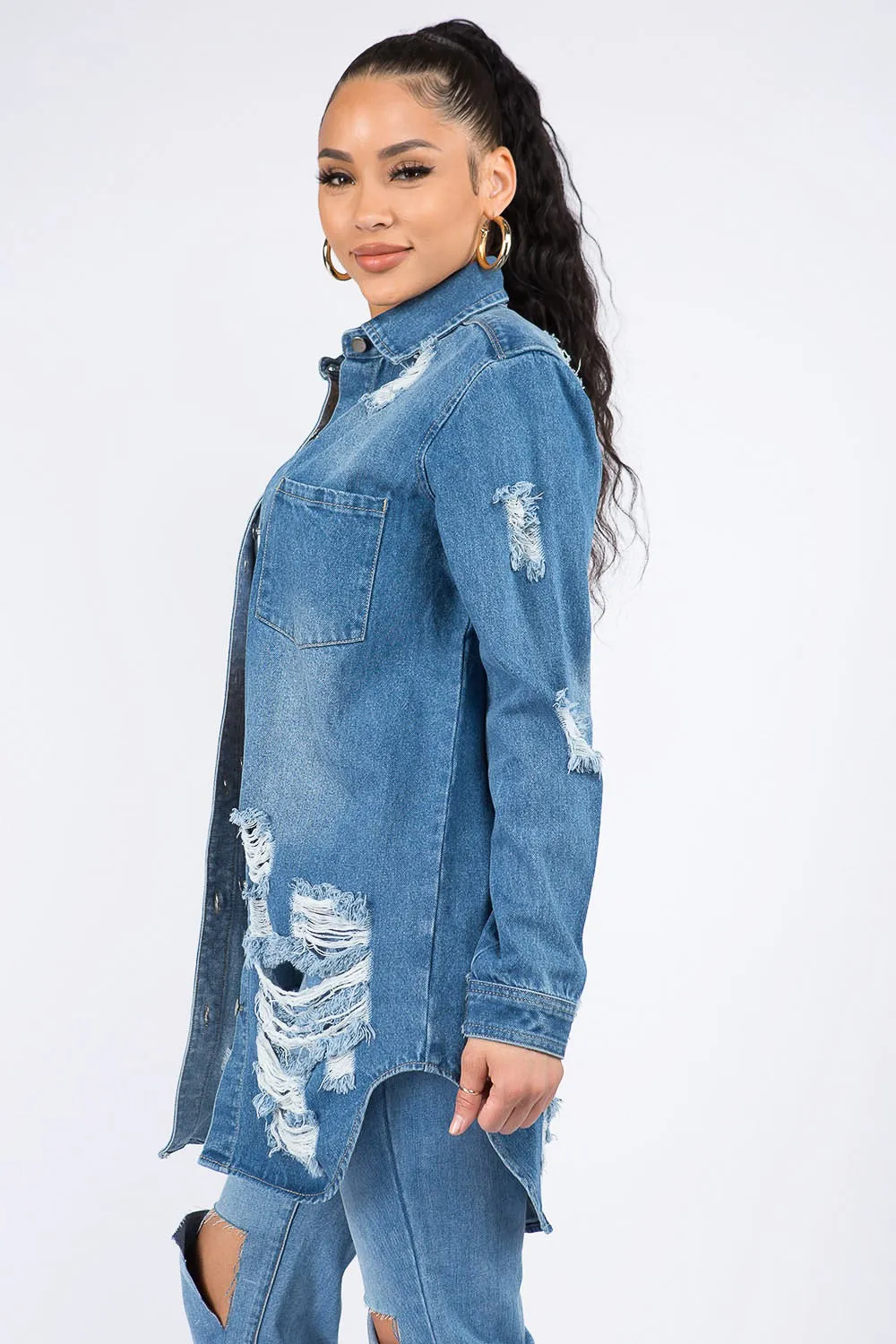 Distressed Button Down Denim Shirt Jacket