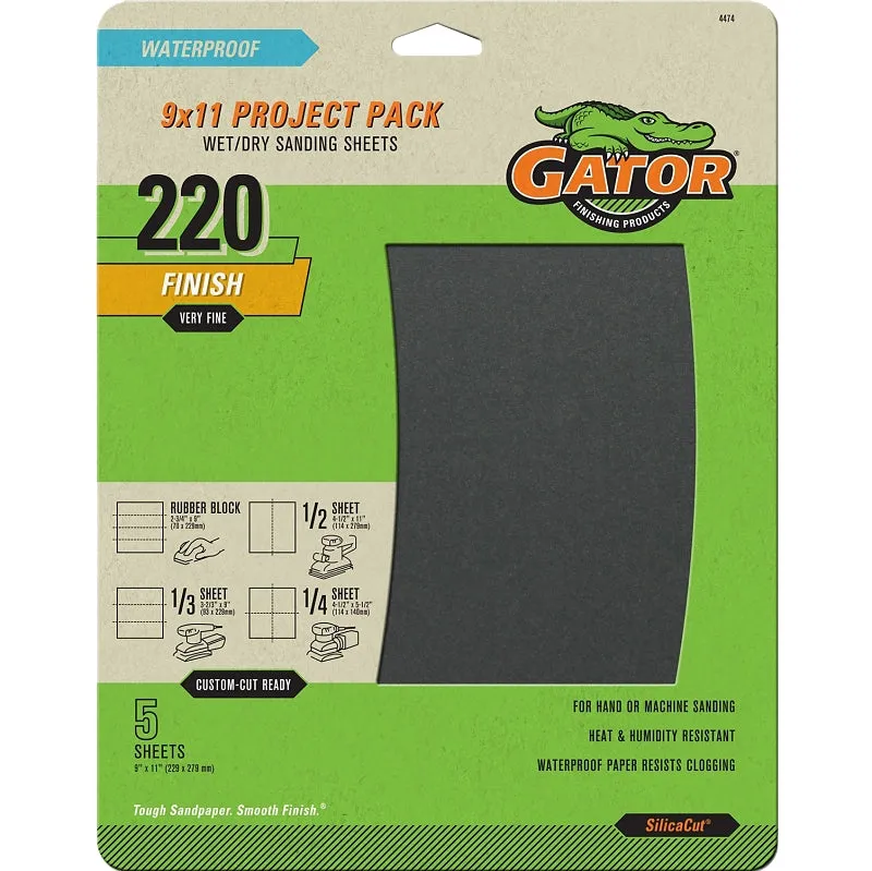 Gator 4474 Sanding Sheet, 9 in L, 11 in W, 220 Grit, Extra Fine, Silicone Carbide Abrasive :PK  5: QUANTITY: 1