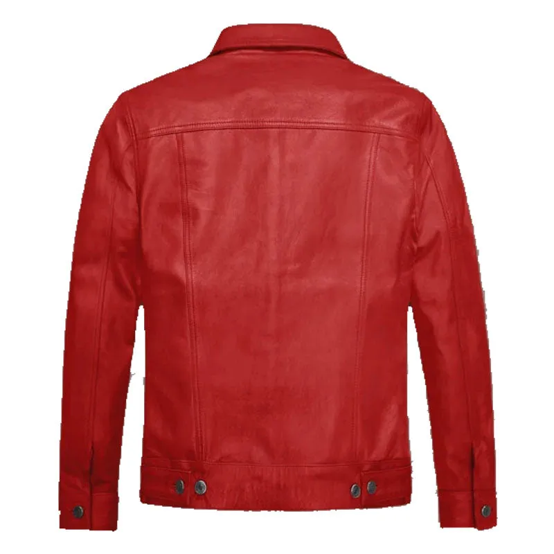 Genuine New Style Best Fashion Biker Red Leather Trucker Jacket