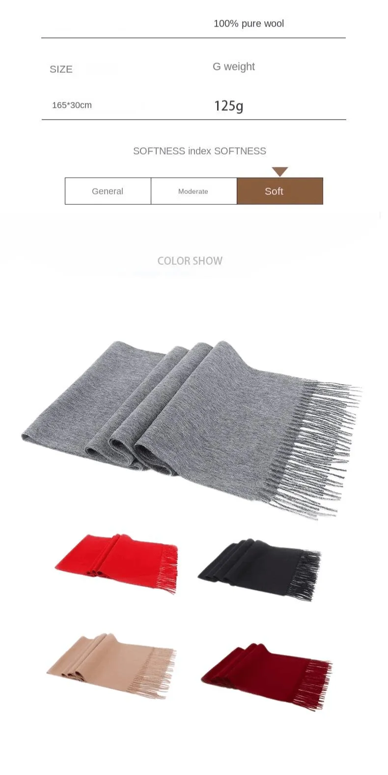 High Quality Men's Wool Scarf 100% Wool Solid Color Tassel Autumn Winter Business Versatile Classic Warm Soft