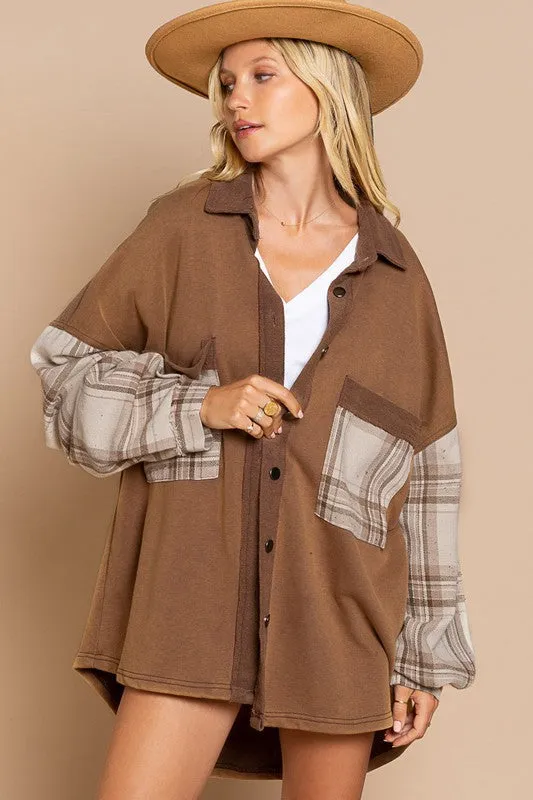 Leaves and Lattes Long Sleeve With Plaid Detail POL Sleeve POL Shacket