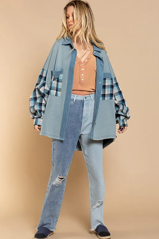 Leaves and Lattes Long Sleeve With Plaid Detail POL Sleeve POL Shacket