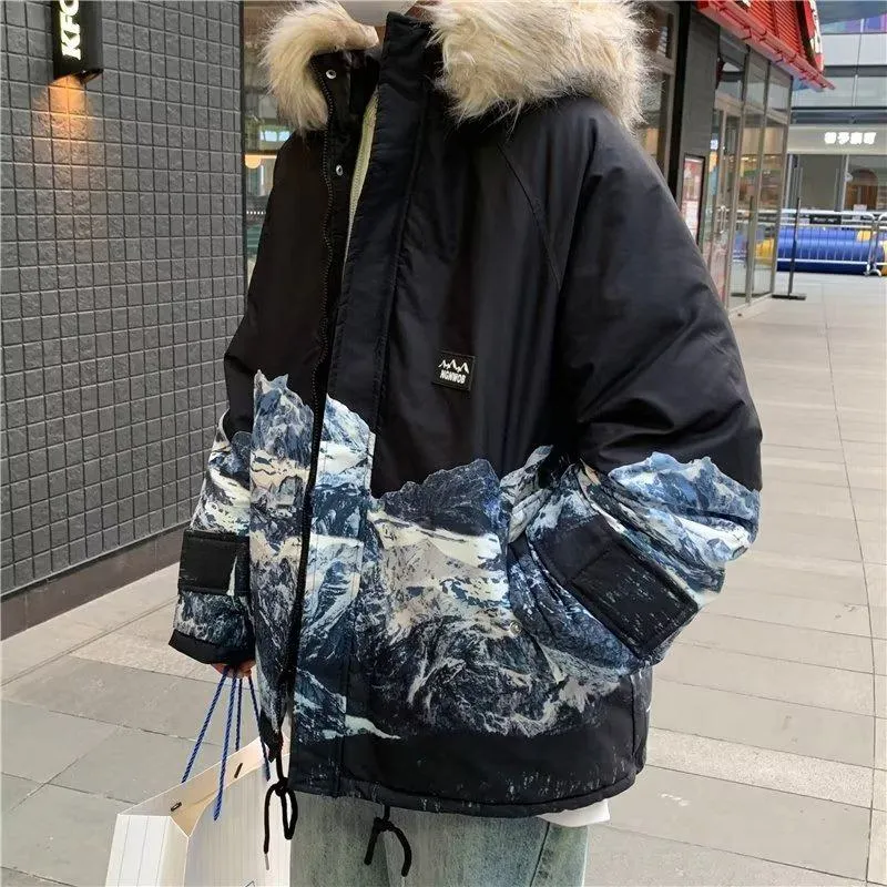 Loose Fit Fur Collar Printed Ski Jacket