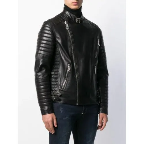 Men Biker Leather Jacket Cross Zipper