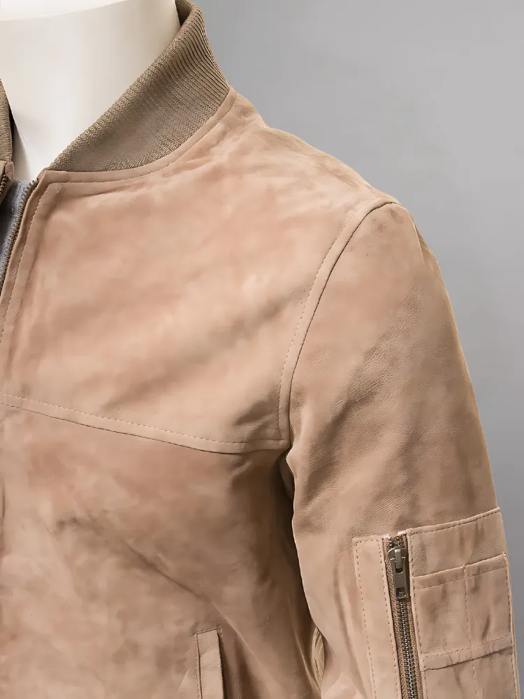 Mens Biker Distressed Suede Camel Leather Jacket