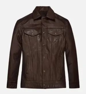 Men's Chocolate  Brown Trucker Leather Jacket