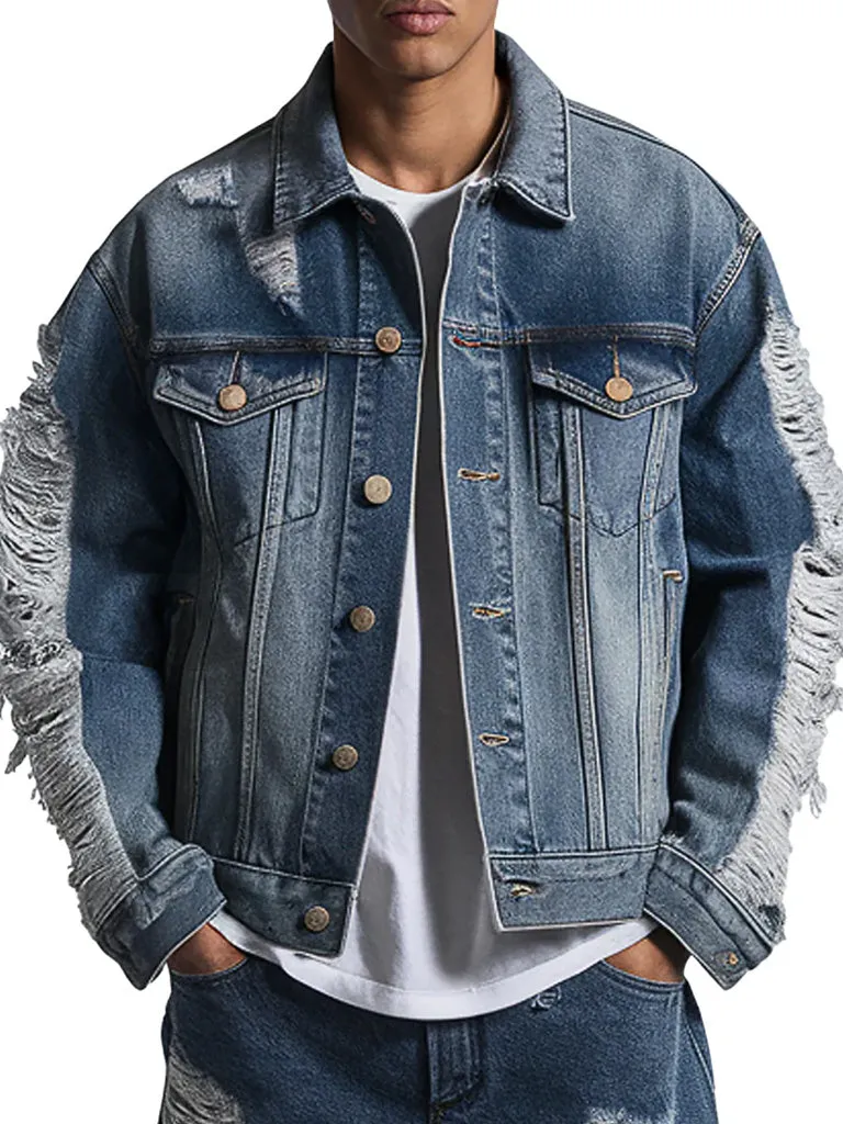 Men's Distressed Blue Ripped Sleeve Denim Jacket