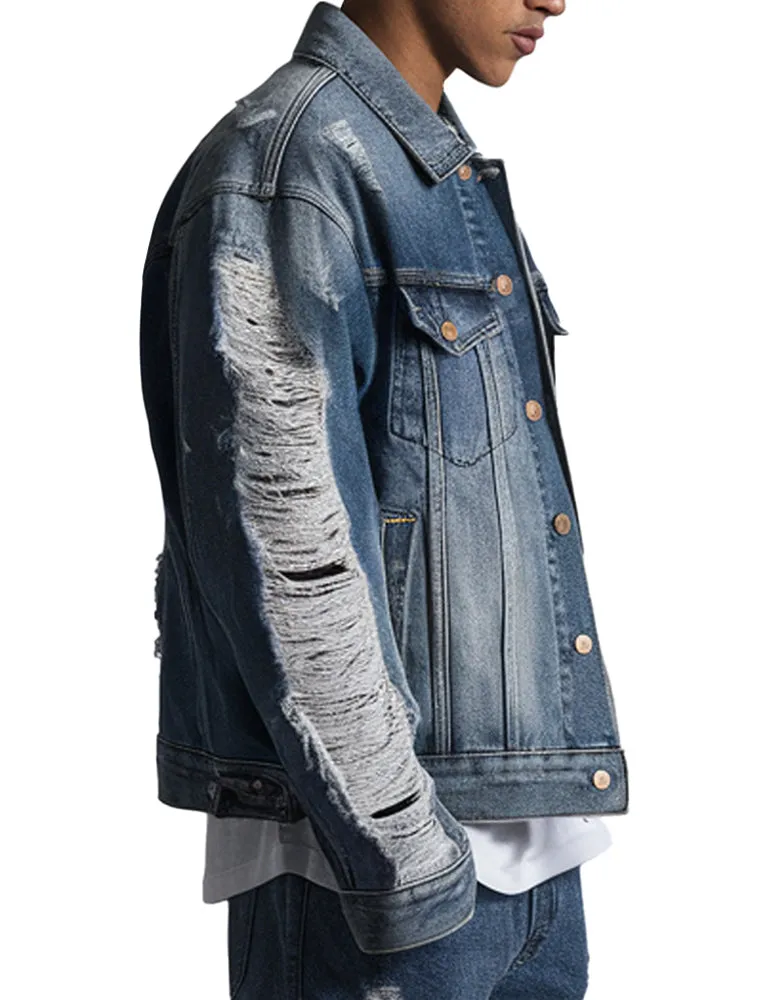 Men's Distressed Blue Ripped Sleeve Denim Jacket