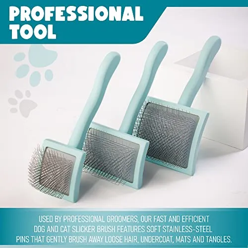 Pet Slicker Brush With Soft Massage Grooming Stainless Steel Pins - Slide This Universal Miracle Coat Slicker Brush for Dematting, Shedding Fur, and Undercoat - Ideal Gift for Professional Pet Groomers - Long Slicker Brush - Flying Pawfect