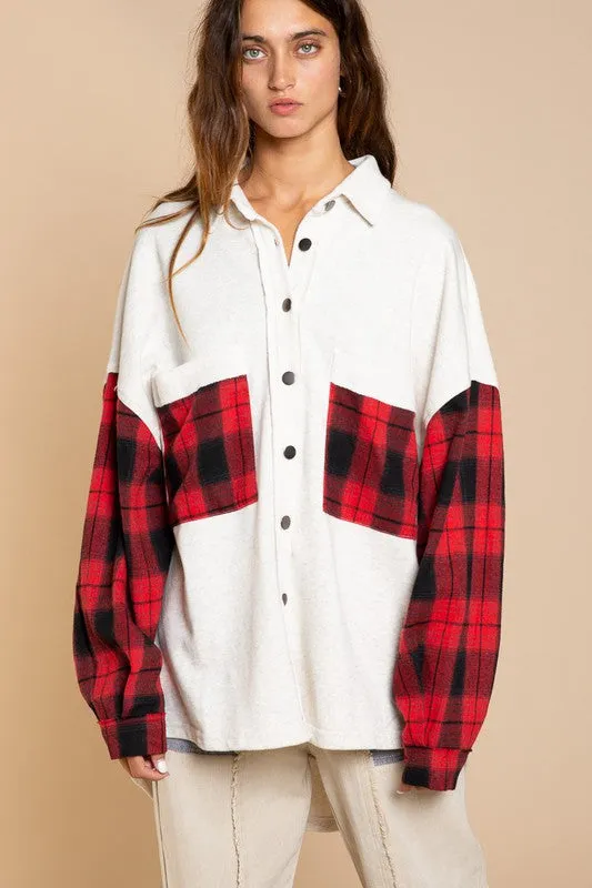 POL Long Sleeve With Plaid Detail Sleeve Shacket