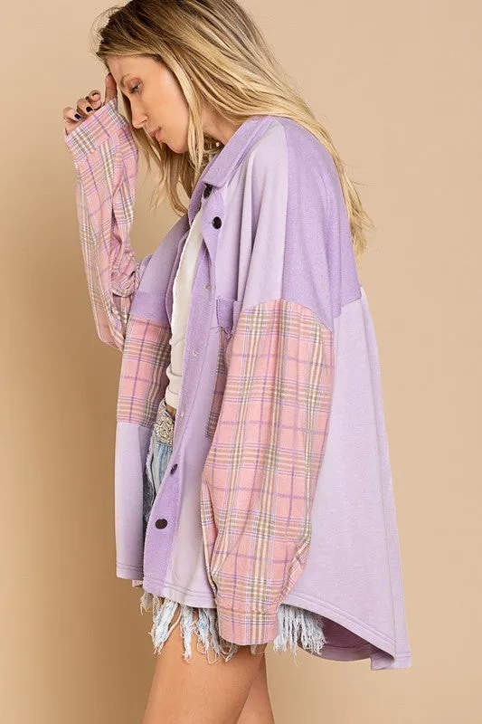 POL Long Sleeve With Plaid Detail Sleeve Shacket