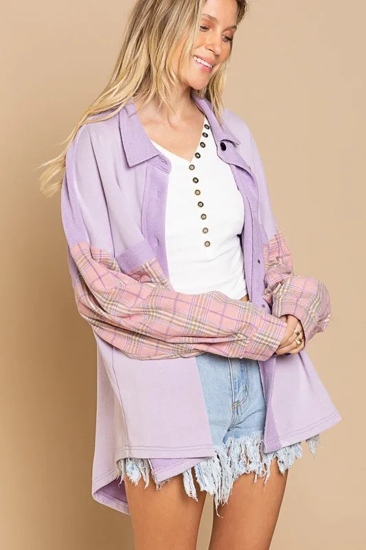 POL Long Sleeve With Plaid Detail Sleeve Shacket