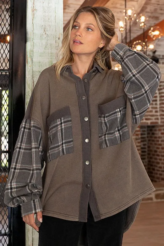 POL Long Sleeve With Plaid Detail Sleeve Shacket