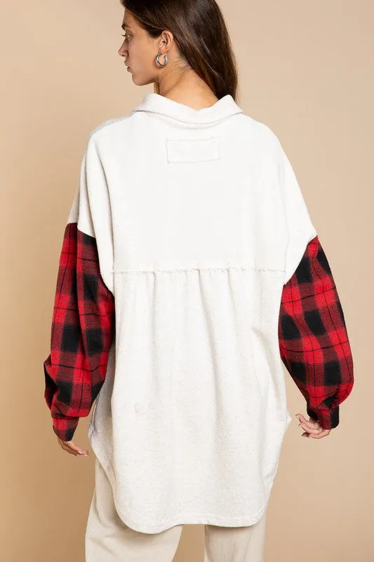 POL Long Sleeve With Plaid Detail Sleeve Shacket