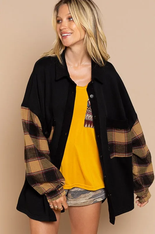 POL Long Sleeve With Plaid Detail Sleeve Shacket