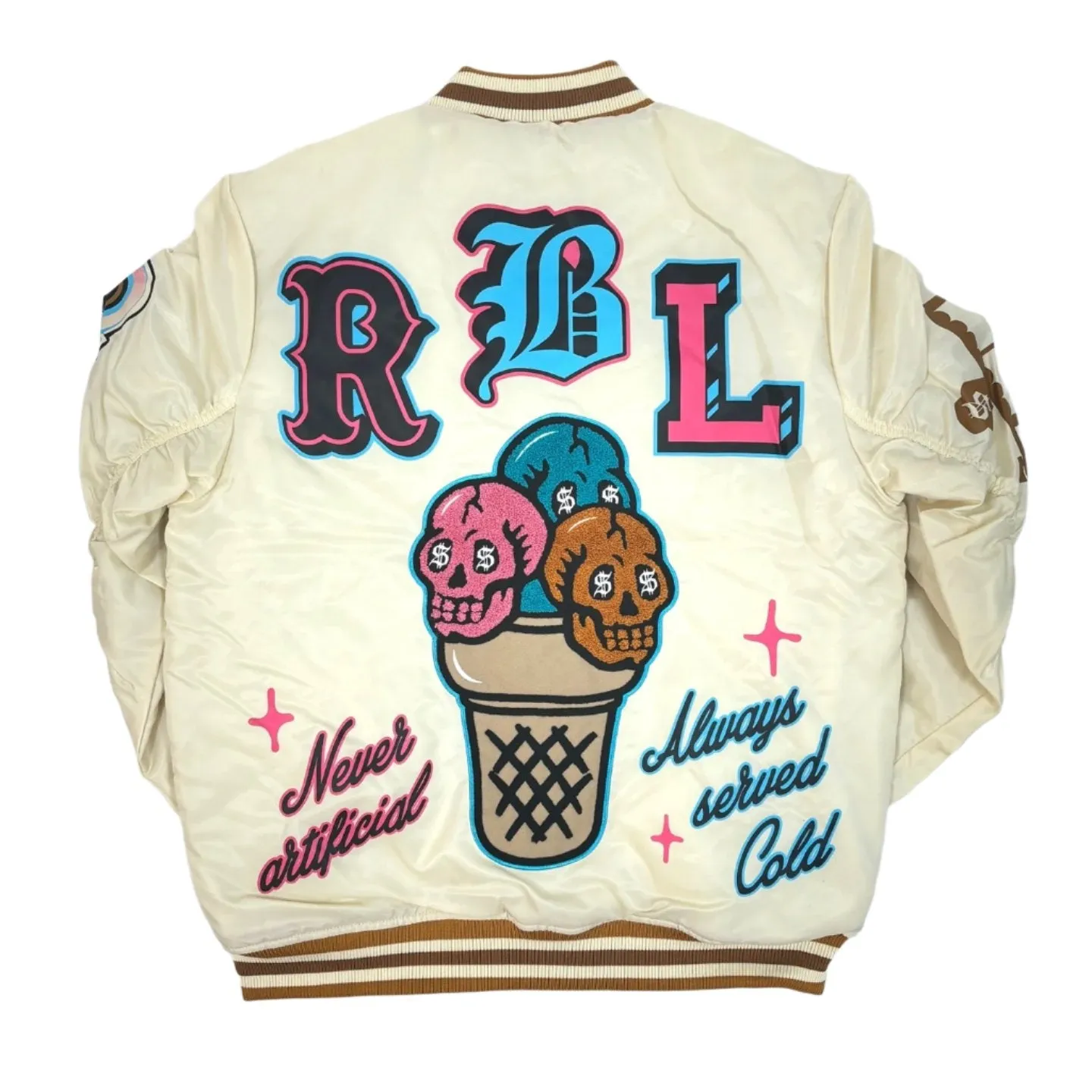 REBEL MINDS Rich Flavors Graphic Varsity Jacket