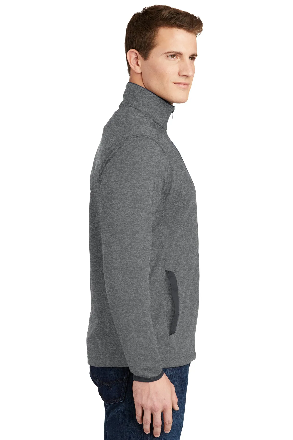 Sport-Tek Sport-Wick Stretch Contrast Branded Full-Zip Jackets, Charcoal Grey Heather/ Charcoal Grey