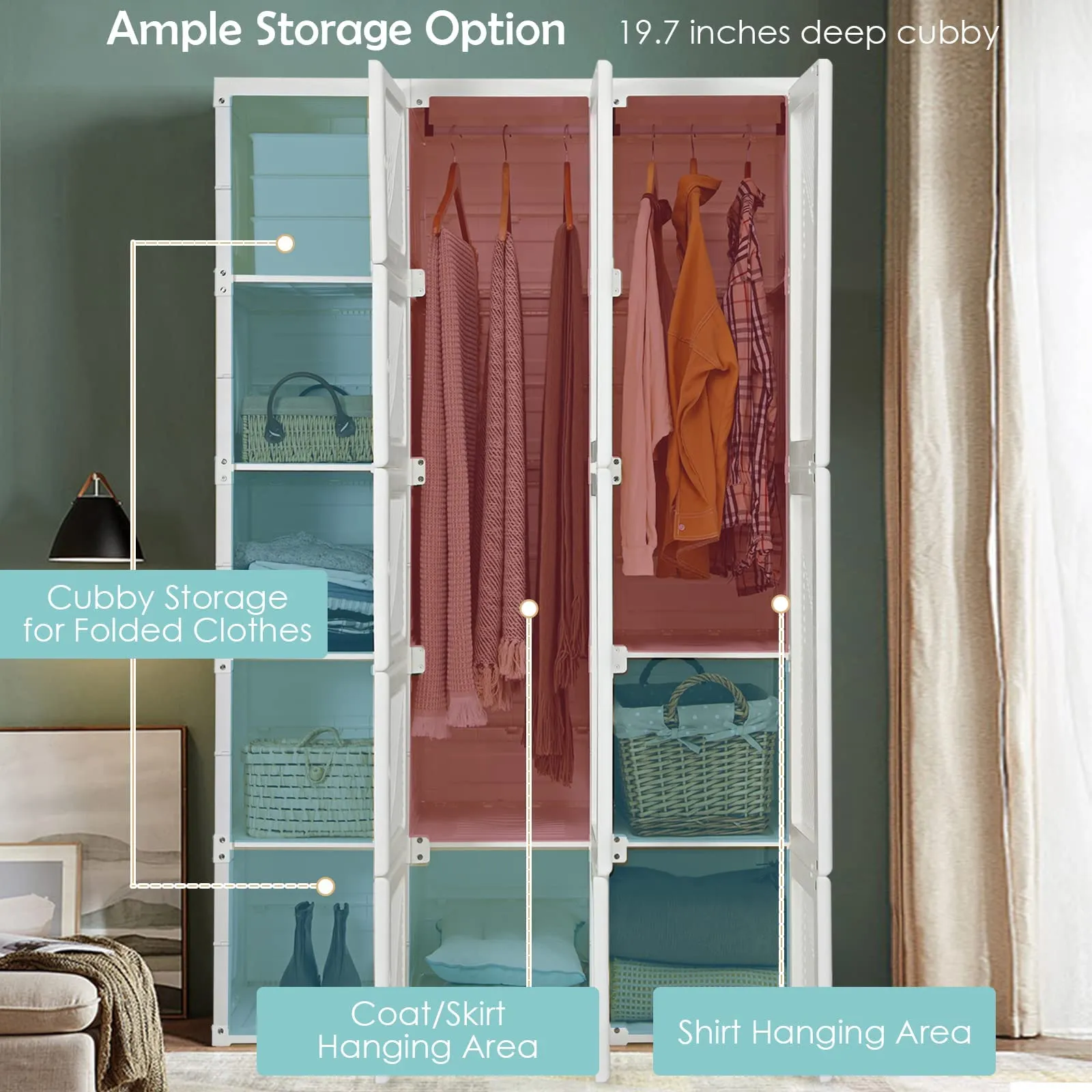 Tangkula Portable Closet Wardrobe, Foldable Clothes Organizer with Cubby Storage, Hanging Rods