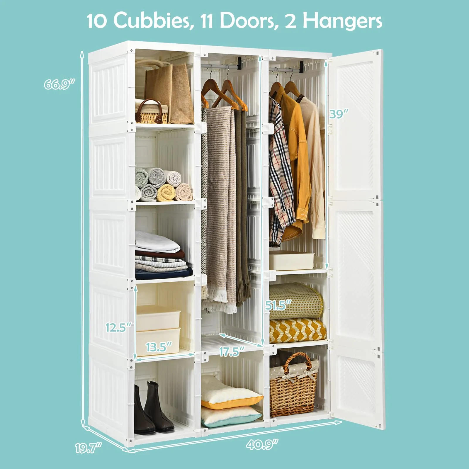 Tangkula Portable Closet Wardrobe, Foldable Clothes Organizer with Cubby Storage, Hanging Rods