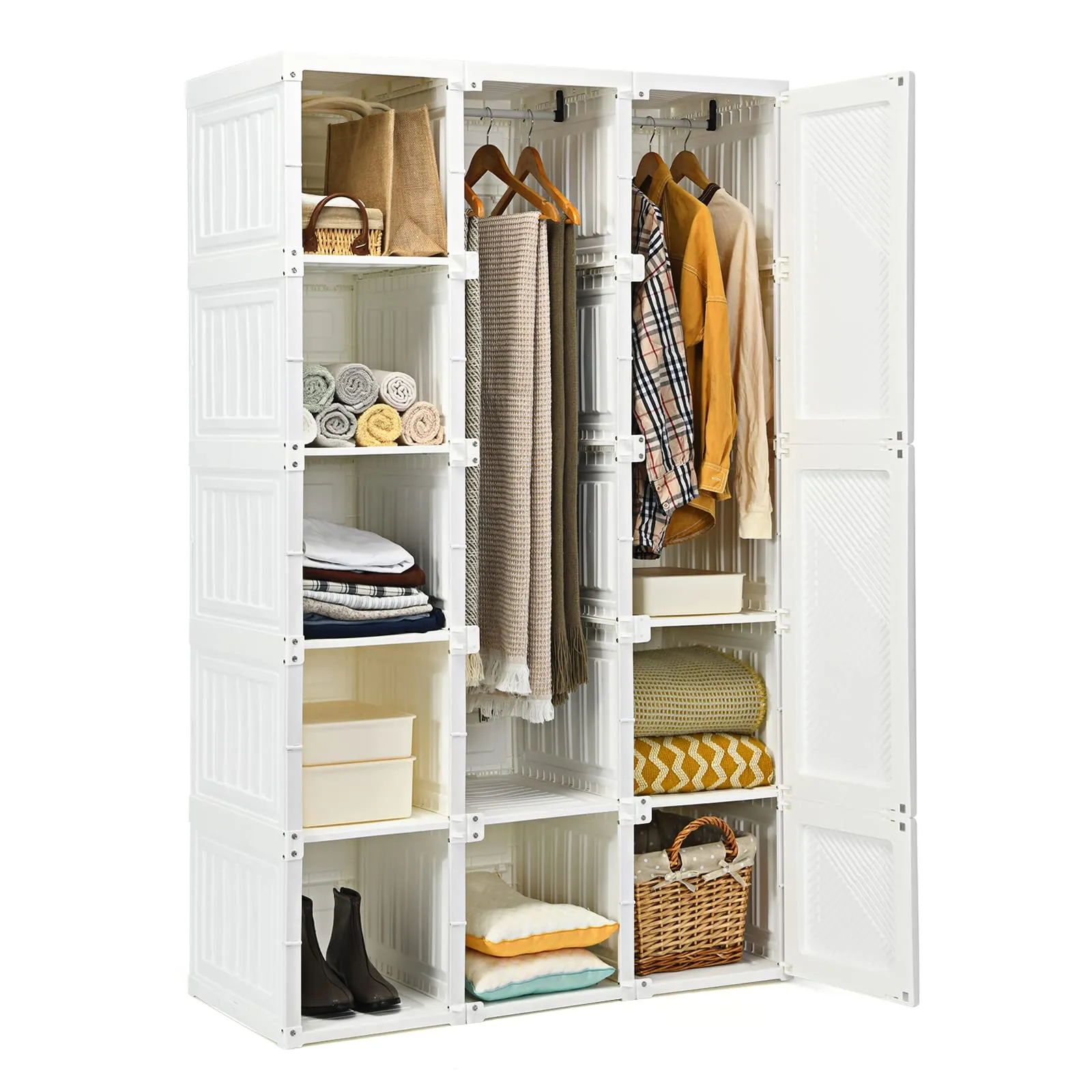 Tangkula Portable Closet Wardrobe, Foldable Clothes Organizer with Cubby Storage, Hanging Rods