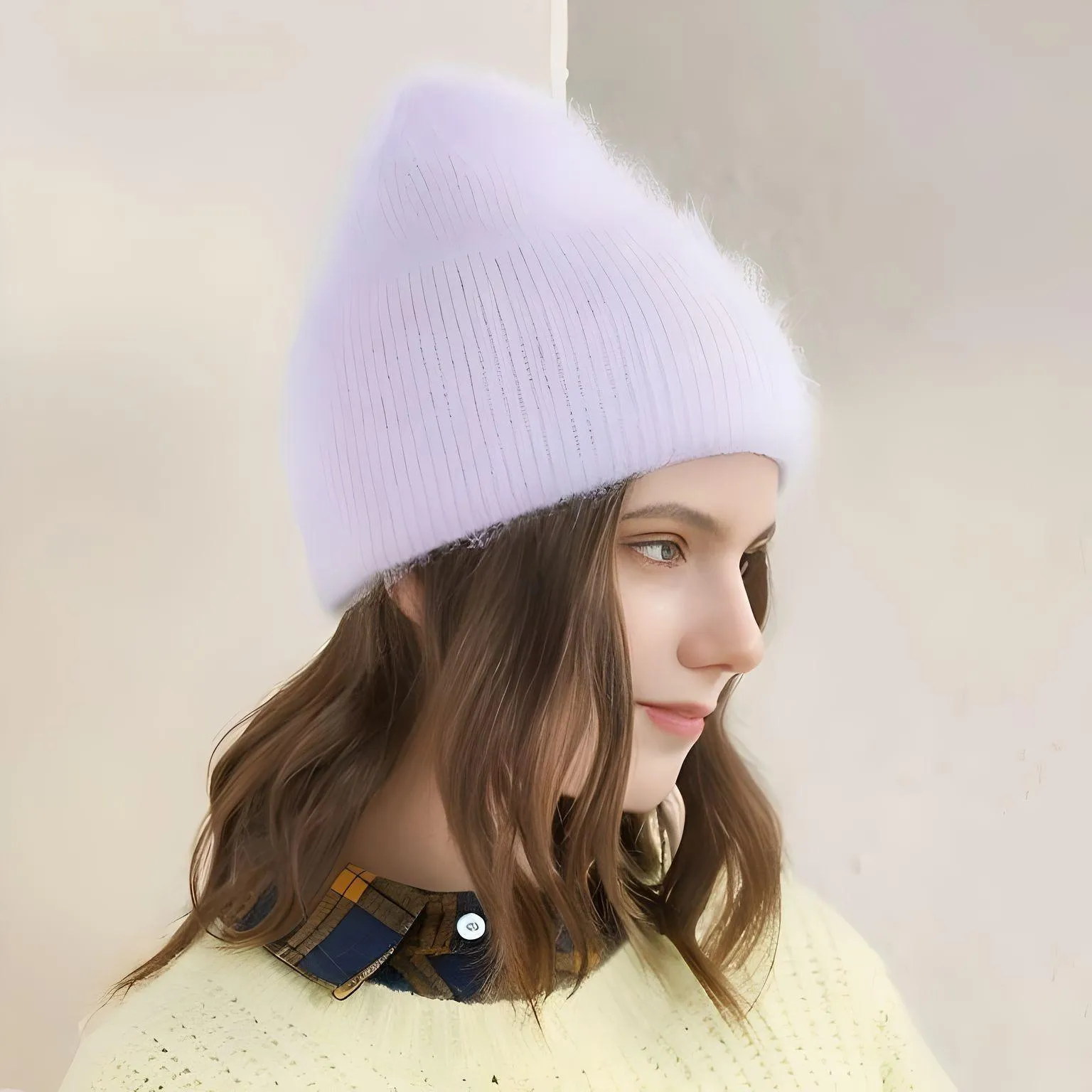 Winter Women's Rabbit Fur Hats Warm Long Rabbit Fur Hair Female Caps Fashion Solid Colors Wide Cuff Young Style Beanies