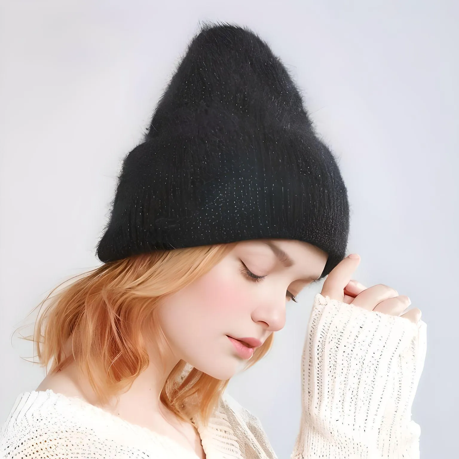 Winter Women's Rabbit Fur Hats Warm Long Rabbit Fur Hair Female Caps Fashion Solid Colors Wide Cuff Young Style Beanies