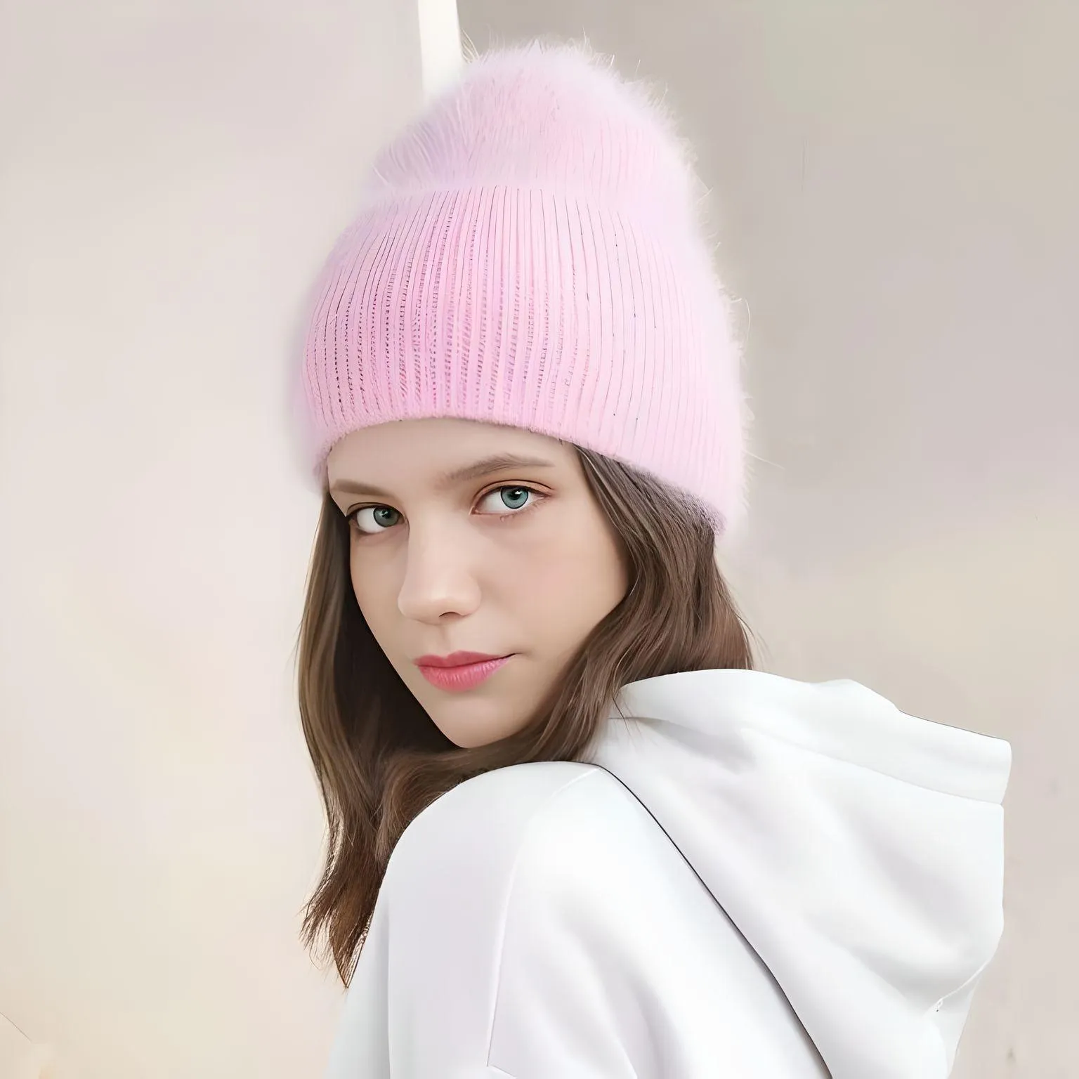 Winter Women's Rabbit Fur Hats Warm Long Rabbit Fur Hair Female Caps Fashion Solid Colors Wide Cuff Young Style Beanies