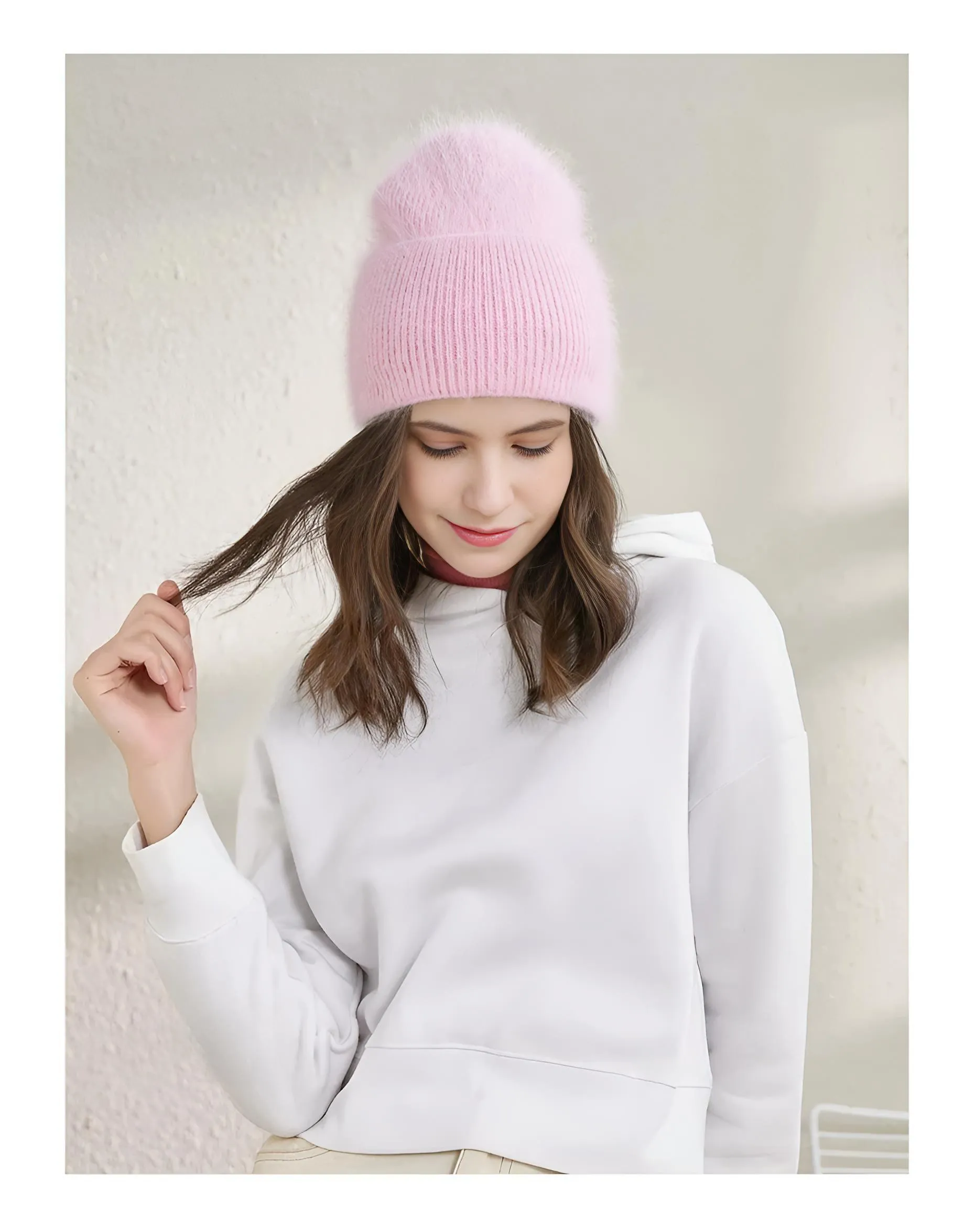 Winter Women's Rabbit Fur Hats Warm Long Rabbit Fur Hair Female Caps Fashion Solid Colors Wide Cuff Young Style Beanies