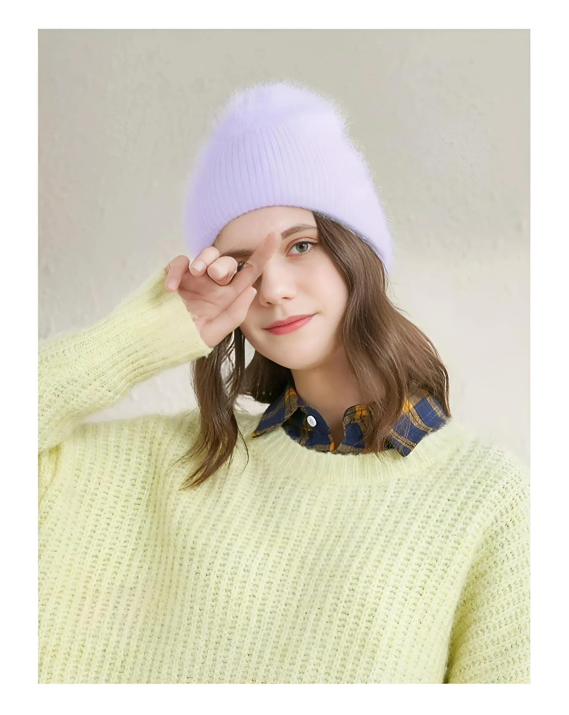 Winter Women's Rabbit Fur Hats Warm Long Rabbit Fur Hair Female Caps Fashion Solid Colors Wide Cuff Young Style Beanies