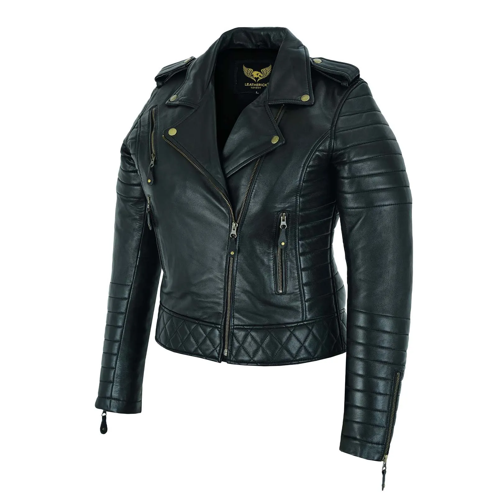 Women Leather Jacket, Real Leather Diamond Biker Style Short Slim Fit Jacket